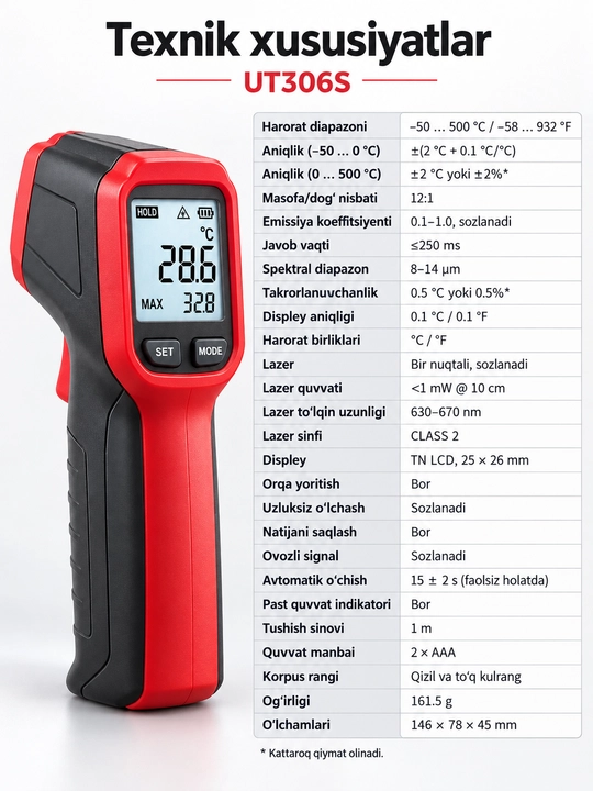 UNI-T UT306S infraqizil termometr, −50…500 °C, lazerli nishon, 12:1