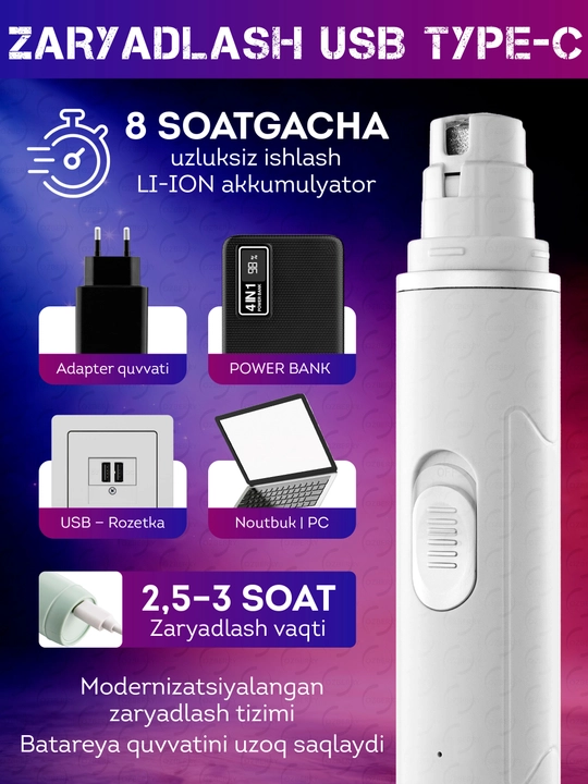 Mushuk va itlar uchun elektr tirnoq kesgich jim ishlaydigan tirnoq grinderi USB