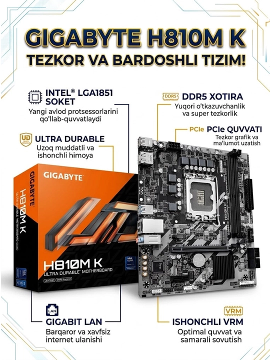Ona plata GIGABYTE H810M K, LGA 1851, DDR5, PCIe 4.0, M.2 NVMe, mATX, kompyuter uchun