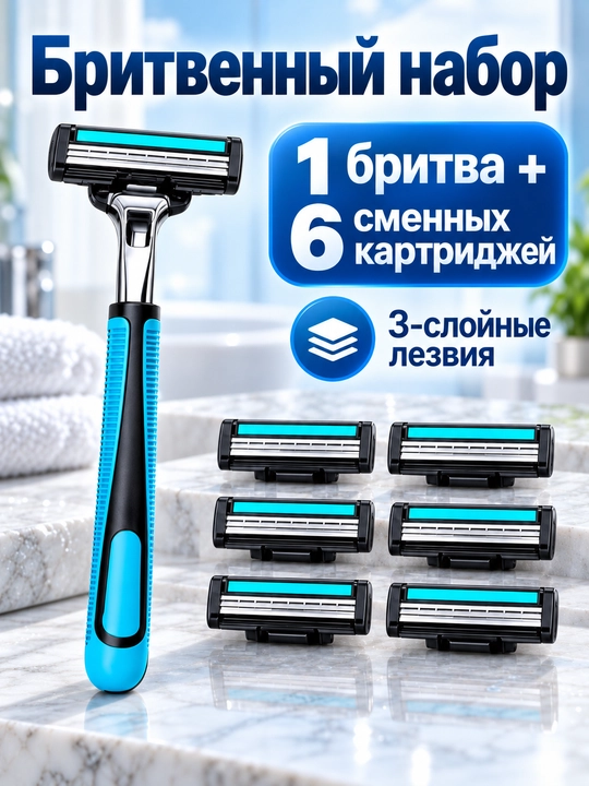 Мужской бритвенный набор: станок и 6 сменных кассет (3 лезвия)