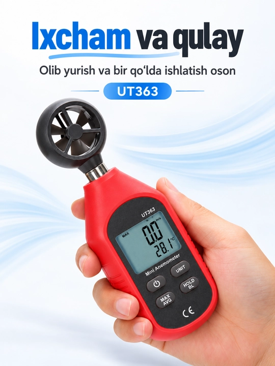 UNI-T UT363 raqamli anemometr, 0–30 m/s, havo harorati, MAX/AVG