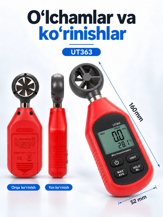 UNI-T UT363 raqamli anemometr, 0–30 m/s, havo harorati, MAX/AVG