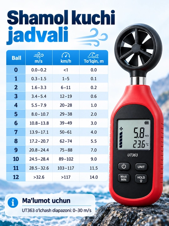 UNI-T UT363 raqamli anemometr, 0–30 m/s, havo harorati, MAX/AVG