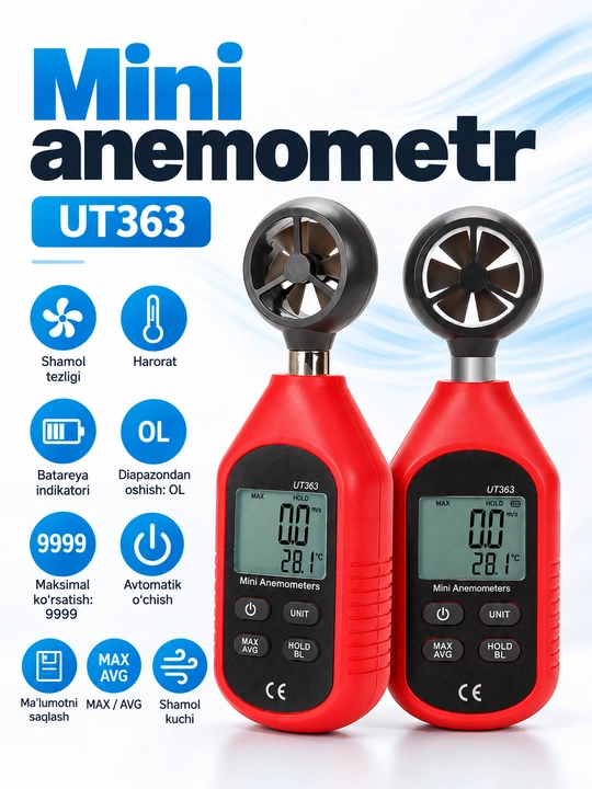 UNI-T UT363 raqamli anemometr, 0–30 m/s, havo harorati, MAX/AVG