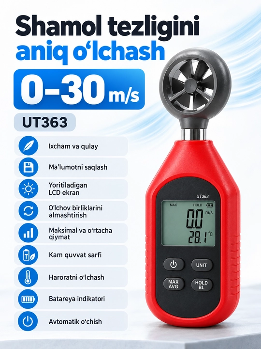 UNI-T UT363 raqamli anemometr, 0–30 m/s, havo harorati, MAX/AVG