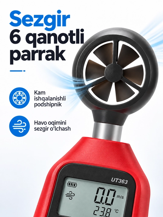 UNI-T UT363 raqamli anemometr, 0–30 m/s, havo harorati, MAX/AVG