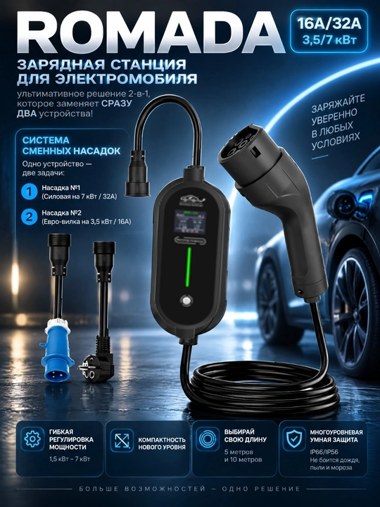 GBT AC ROMADA K02 (1.5-7 кВт) 2в1 Зарядная станция электромобиля портативная