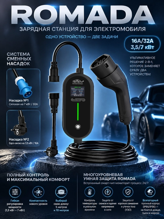 GBT AC ROMADA K02 (1.5-7 кВт) 2в1 Зарядная станция электромобиля портативная