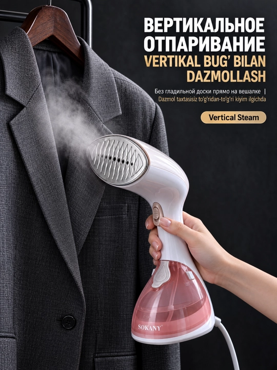 Qo‘l kiyim bug‘latgich, 1500 Vt, 270 ml suv idishi,cho‘tka qo‘shimchali kiyim bug‘ dazmoli