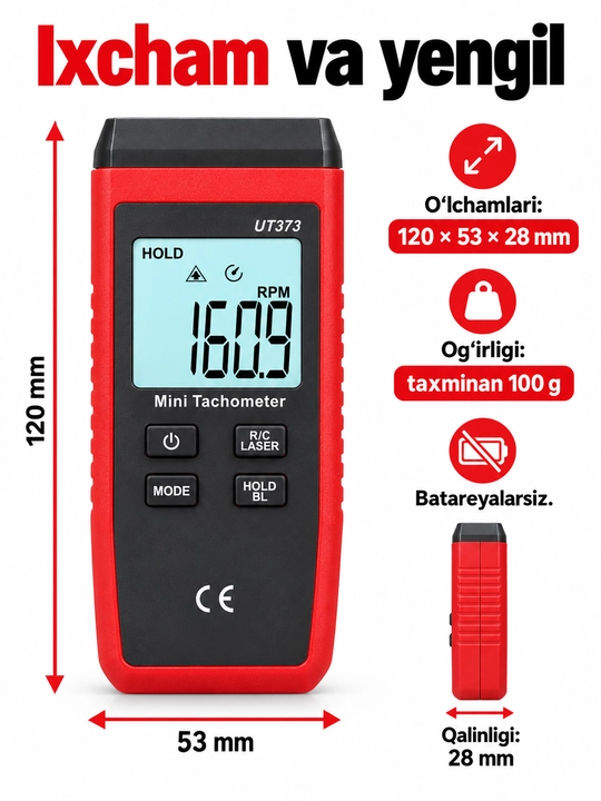 Тахометр UNI-T UT373, бесконтактный лазерный, 10–99999 об/мин, счётчик