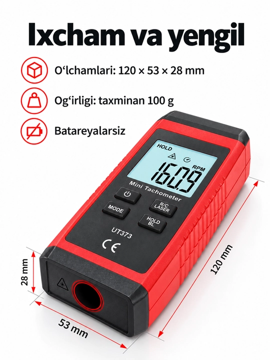 Тахометр UNI-T UT373, бесконтактный лазерный, 10–99999 об/мин, счётчик