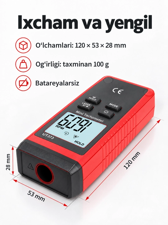 Тахометр UNI-T UT373, бесконтактный лазерный, 10–99999 об/мин, счётчик