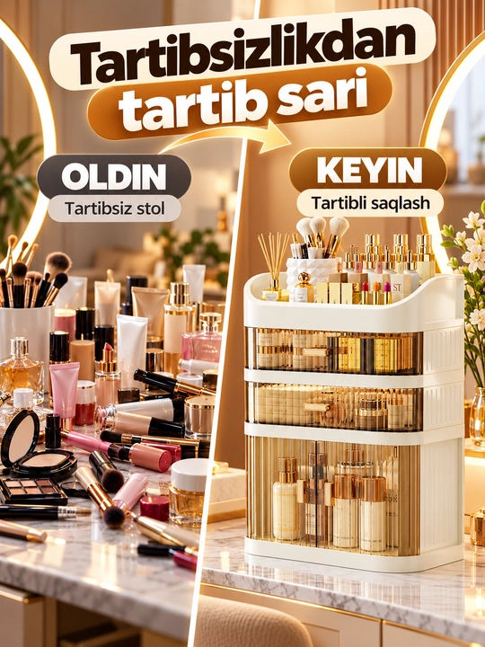 Kosmetika, atir va taqinchoqlar uchun organayzer, stol usti buyumlar saqlash qutisi