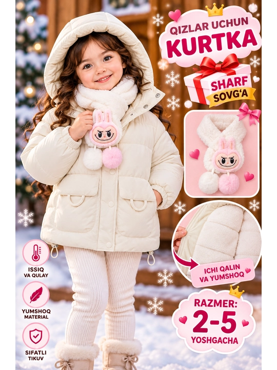 Qizlar kurtkasi,qishki kurtka,bolalar kurtkasi,issiq kurtka,qalin kurtka,kapishonli kurtka - 