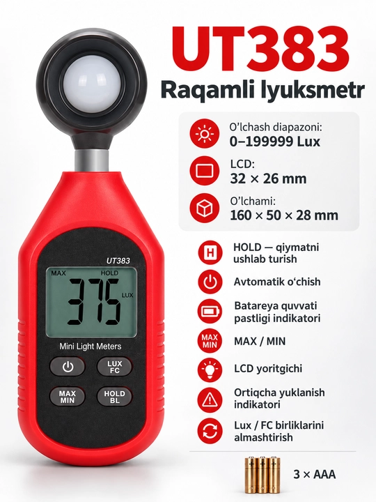 UNI-T UT383 raqamli lyuksmetr, 199900 Lux, Lux/FC, MAX/MIN, ekran yoritgichi