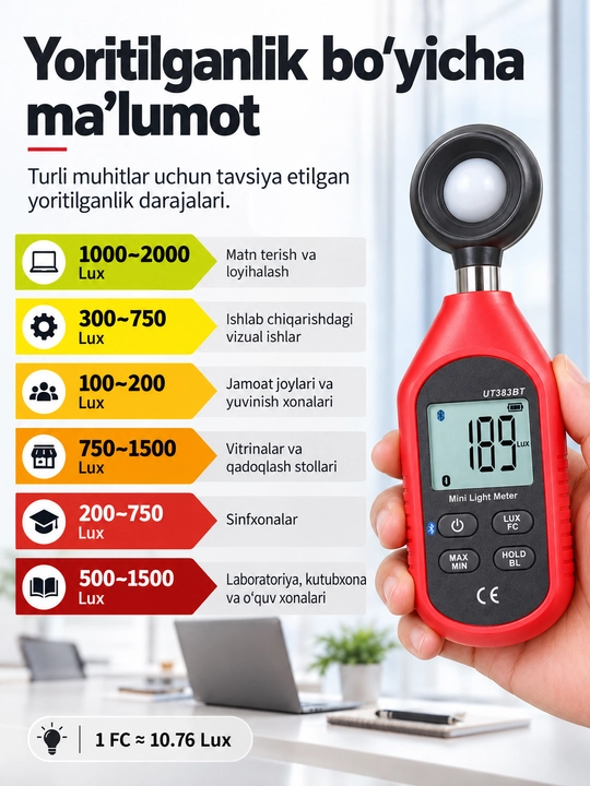 UNI-T UT383 raqamli lyuksmetr, 199900 Lux, Lux/FC, MAX/MIN, ekran yoritgichi