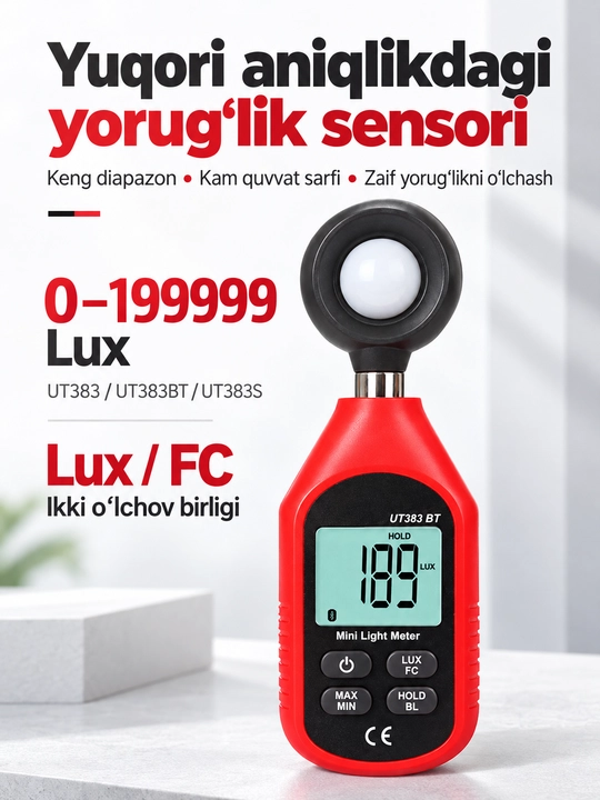 UNI-T UT383 raqamli lyuksmetr, 199900 Lux, Lux/FC, MAX/MIN, ekran yoritgichi