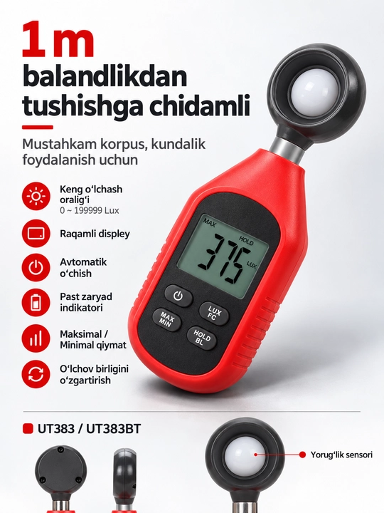 UNI-T UT383 raqamli lyuksmetr, 199900 Lux, Lux/FC, MAX/MIN, ekran yoritgichi