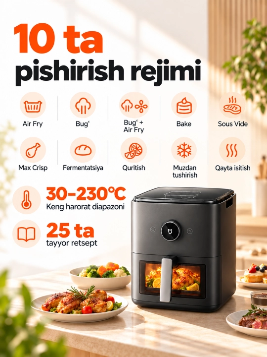 Xiaomi Smart Air Fryer 4.5, 5.5, 6.5, 10, 12L aqlli aerogril, Global qovurish pechi