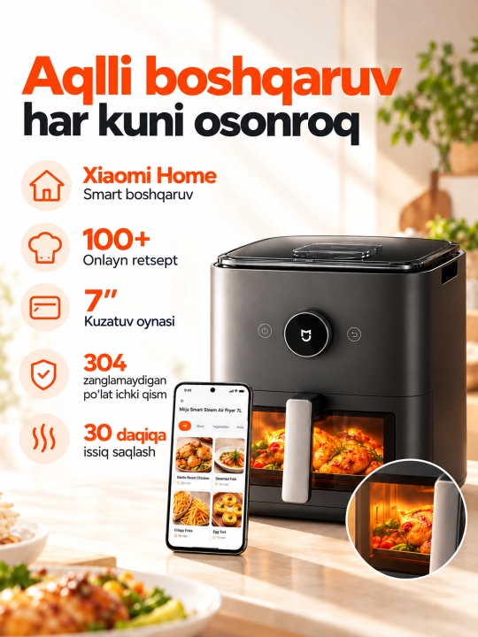 Xiaomi Smart Air Fryer 4.5, 5.5, 6.5, 10, 12L aqlli aerogril, Global qovurish pechi