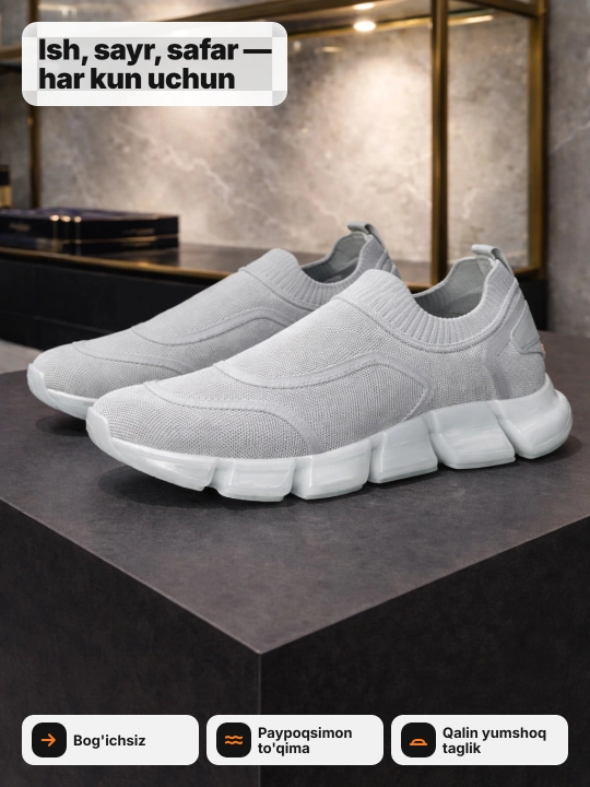 Erkaklar krossovkasi Tods bog'ichsiz, yengil, slip-on, 40-45 (1 razmer katta oling)