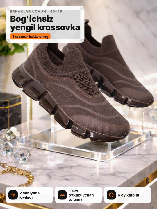 Erkaklar krossovkasi Tods bog'ichsiz, yengil, slip-on, 40-45 (1 razmer katta oling)