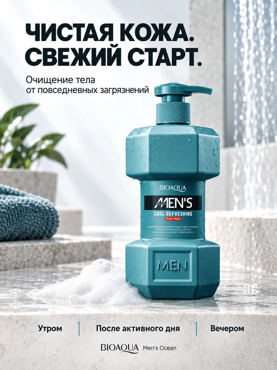 Мужской гель для душа BIOAQUA Men’s Ocean, морской аромат, синий флакон с помпой
