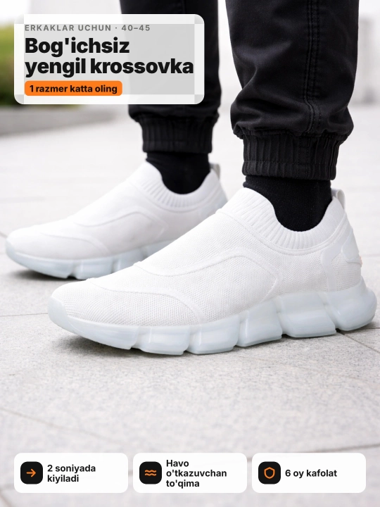 Erkaklar krossovkasi Tods bog'ichsiz, yengil, slip-on, 40-45 (1 razmer katta oling)