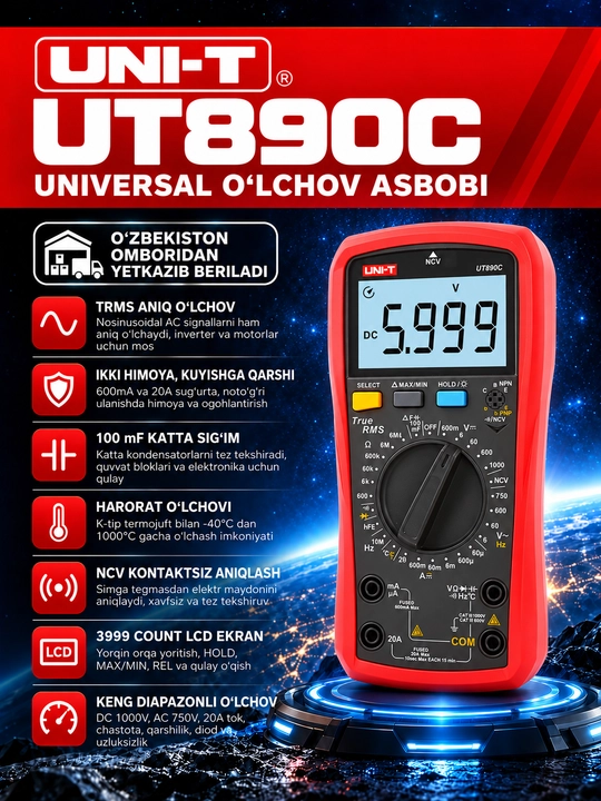 UNI-T UT890C raqamli multimetr, True RMS, 6000 sanoq, harorat va sig‘im o‘lchash - 