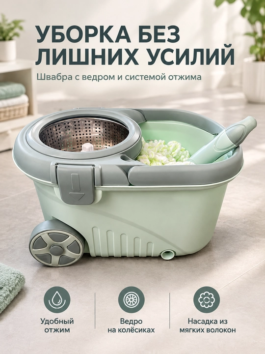 Набор: швабра с ведром и центрифугой для отжима, металлическая корзина, на колёсах