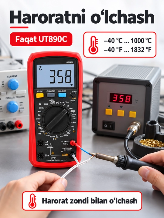 UNI-T UT890C raqamli multimetr, True RMS, 6000 sanoq, harorat va sig‘im o‘lchash