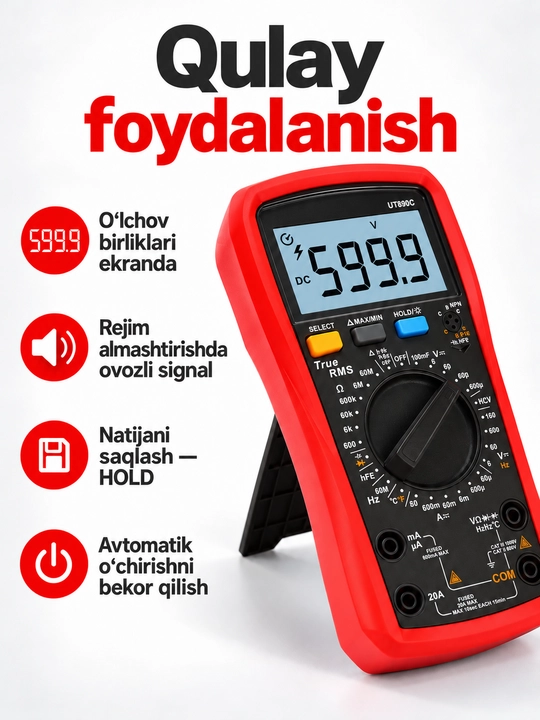 UNI-T UT890C raqamli multimetr, True RMS, 6000 sanoq, harorat va sig‘im o‘lchash