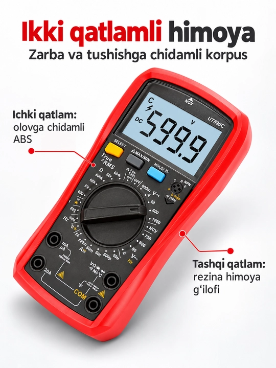 UNI-T UT890C raqamli multimetr, True RMS, 6000 sanoq, harorat va sig‘im o‘lchash