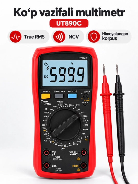 UNI-T UT890C raqamli multimetr, True RMS, 6000 sanoq, harorat va sig‘im o‘lchash