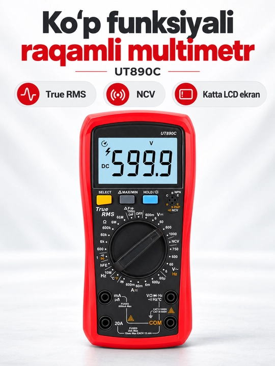UNI-T UT890C raqamli multimetr, True RMS, 6000 sanoq, harorat va sig‘im o‘lchash