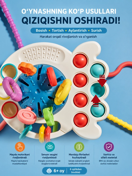 Bolajon uchun silikon totrqichli Montessori,zubagriz,ko'p funksiyali,matorikali, o'yinchoq