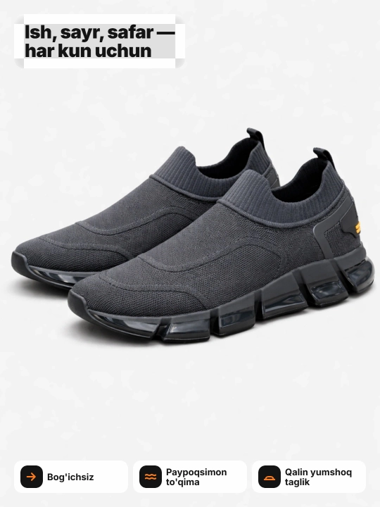 Erkaklar krossovkasi Tods bog'ichsiz, yengil, slip-on, 40-45 (1 razmer katta oling)