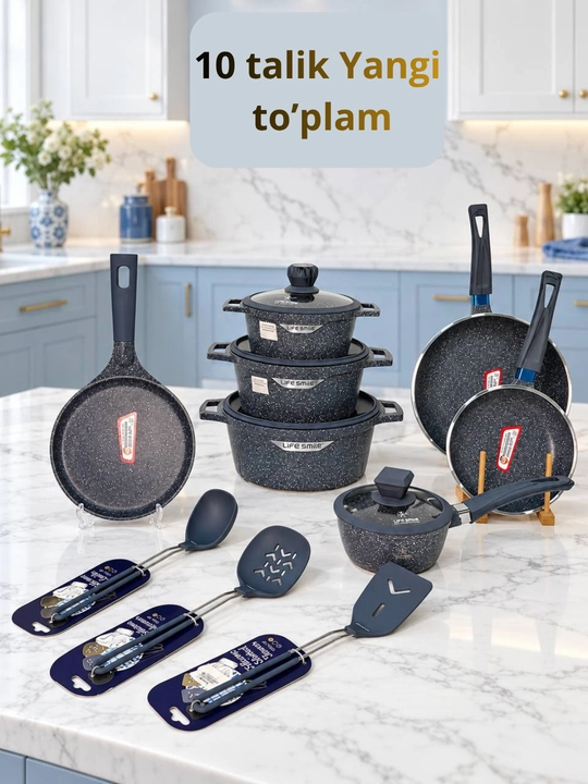 Life Smile Premium granit qoplamali 10 qismli oshxona idishlari to‘plami (induksiya mos) - 