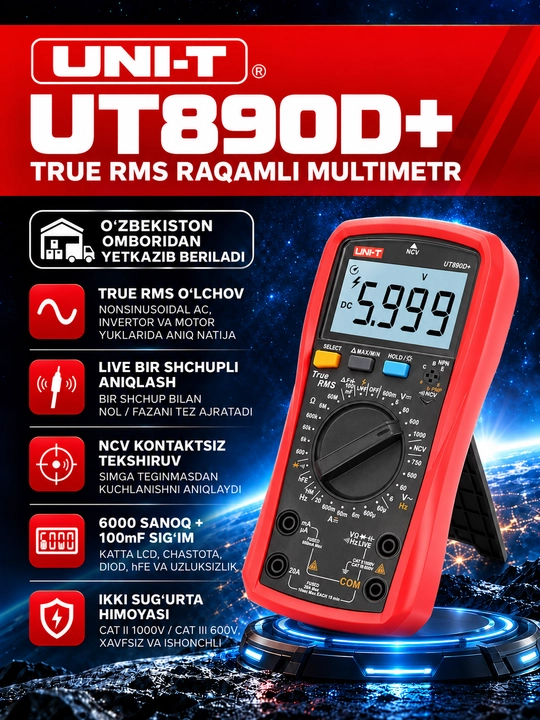 UNI-T UT890D+ raqamli multimetr, True RMS, 6000 sanoq, LIVE va NCV - 
