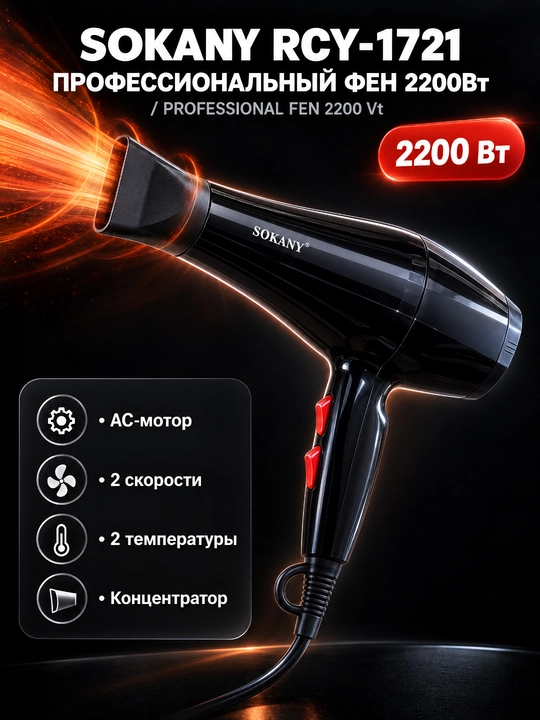 Профессиональный фен SOKANY RCY-1721, 2200 Вт, АС-мотор, 2 скорости и температуры - 