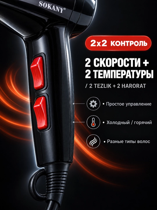 Профессиональный фен SOKANY RCY-1721, 2200 Вт, АС-мотор, 2 скорости и температуры
