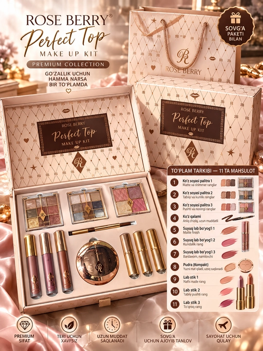 Rose Berry Perfect Top kosmetika to‘plami, ko‘z teni, pomada va yuz uchun makiyaj nabori - 
