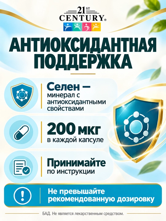 21st Century Селен Selenium 200 мкг, для иммунитета и щитовидной железы, 60 капсул