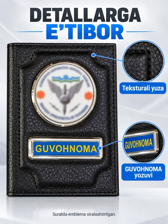 Guvohnoma uchun qora g‘ilof, metall hoshiyali emblema va yozuv bilan VIBER