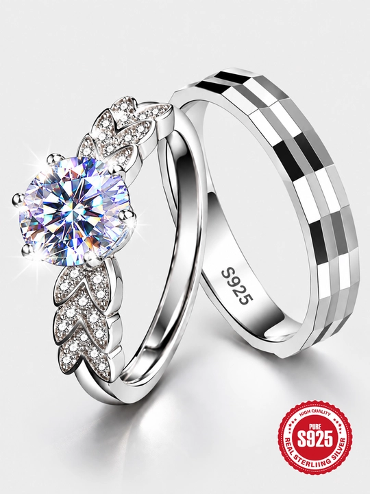 SILVERME Juftlik Uzuklari, 925 Proba Kumush, MOISSANITE Toshli, Rodiy Qoplamali - 