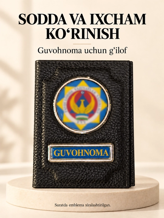 Guvohnoma uchun qora g‘ilof, metall hoshiyali emblema va yozuv bilan VIBER