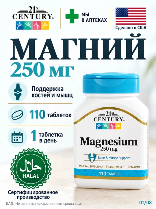 21st Century Магний 250 мг, для нервной системы и мышц (США), 110 таблеток - 