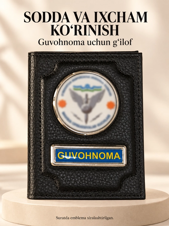 Guvohnoma uchun qora g‘ilof, metall hoshiyali emblema va yozuv bilan VIBER