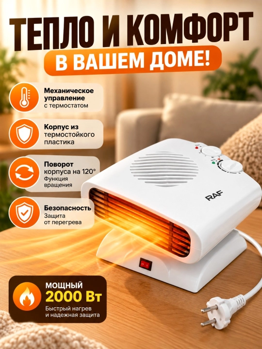 Elektr isitgich, ventilyatorli RAF 2000 Vt,  stol va polga o‘rnatish, uy, ofis obogrevatil
