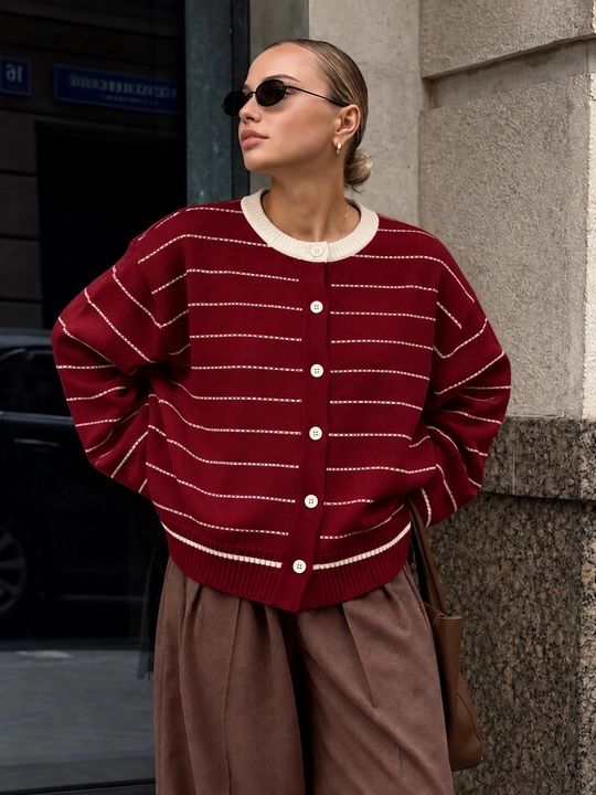 Ayollar kardigani, trikotaj kardigan, chiziqli коfta, tugmali коfta, zamonaviy kardigan - 